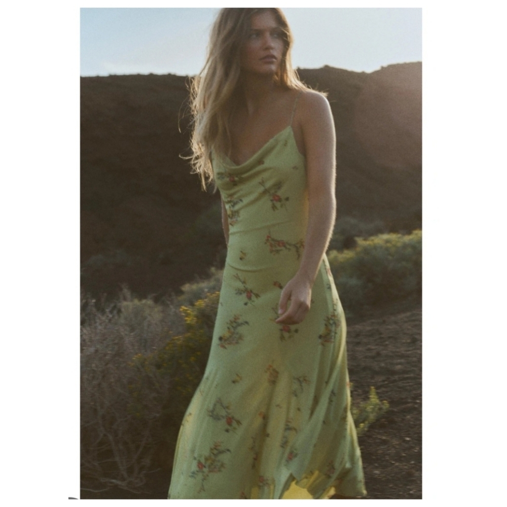 ZARA Green Floral Midi Cami Slip Dress